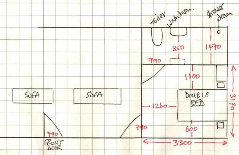 Hand-drawn sketch showing the ground-floor accessible bedroom and wet room, with door widths, bed position and clearances marked in millimetres