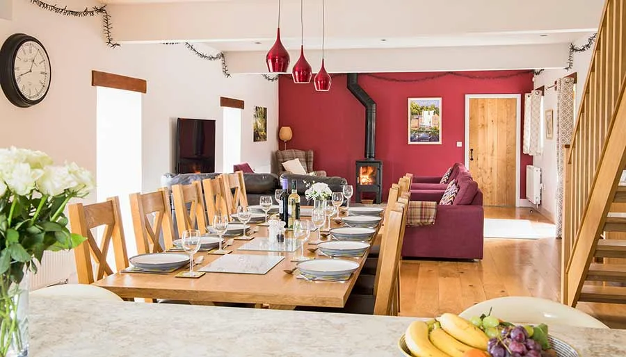 The open-plan kitchen and dining table at Morridge View